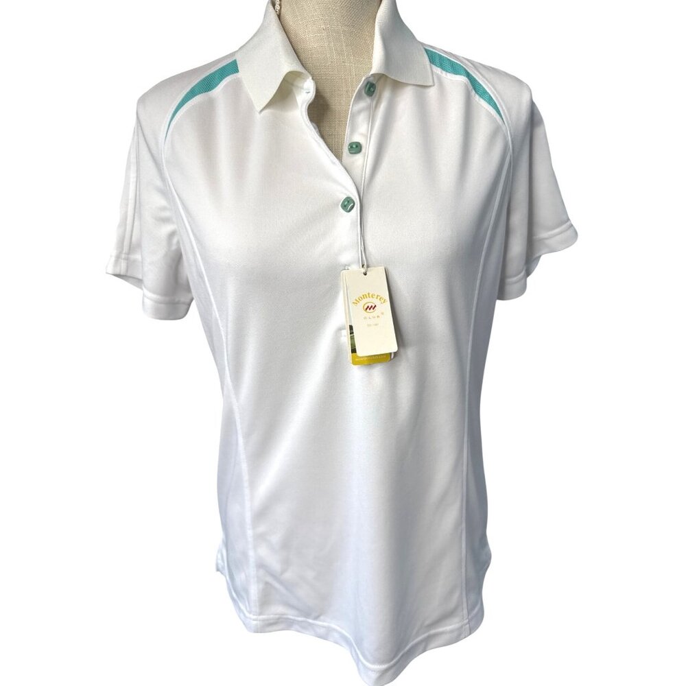 NWT Monterey Club Ladies White & Aqua Polo Shirt L